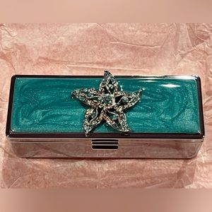 Fashionable Lipstick Case Holder with Mirror - Green Starfish Faux Rhinest…